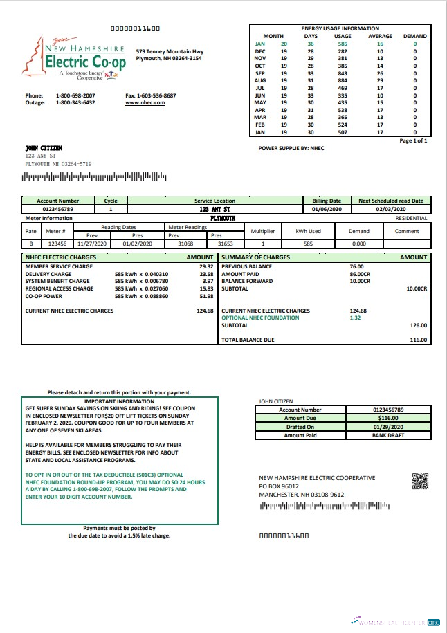 download USA New Hampshire Electric Co op electricity utility bill template in Word and PDF format PDF template